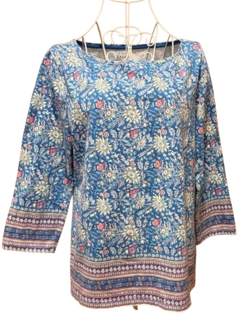 Talbots Blue Botanical Floral Border Print Blouse 3/4 Sleeve Scoop Neck L